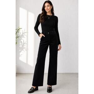 Lands End Black Corduroy Pants 8 Straight Leg High Rise Elastic Waist Pockets